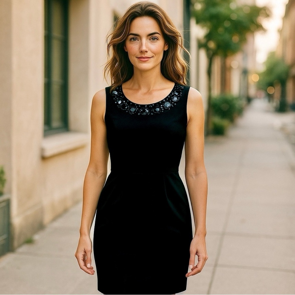 Antonio Melani Black Satin Beaded Cocktail Dress Women's 10